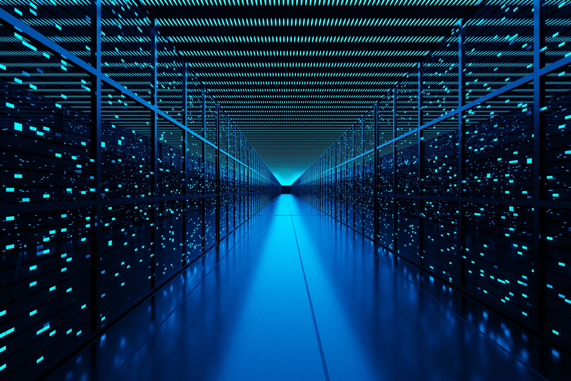 Server racks full of routers, switches and servers aligning on both sides of an aisle of a data center. Illustration of the concept of cloud computing and infrastructure as a service (IaaS)
