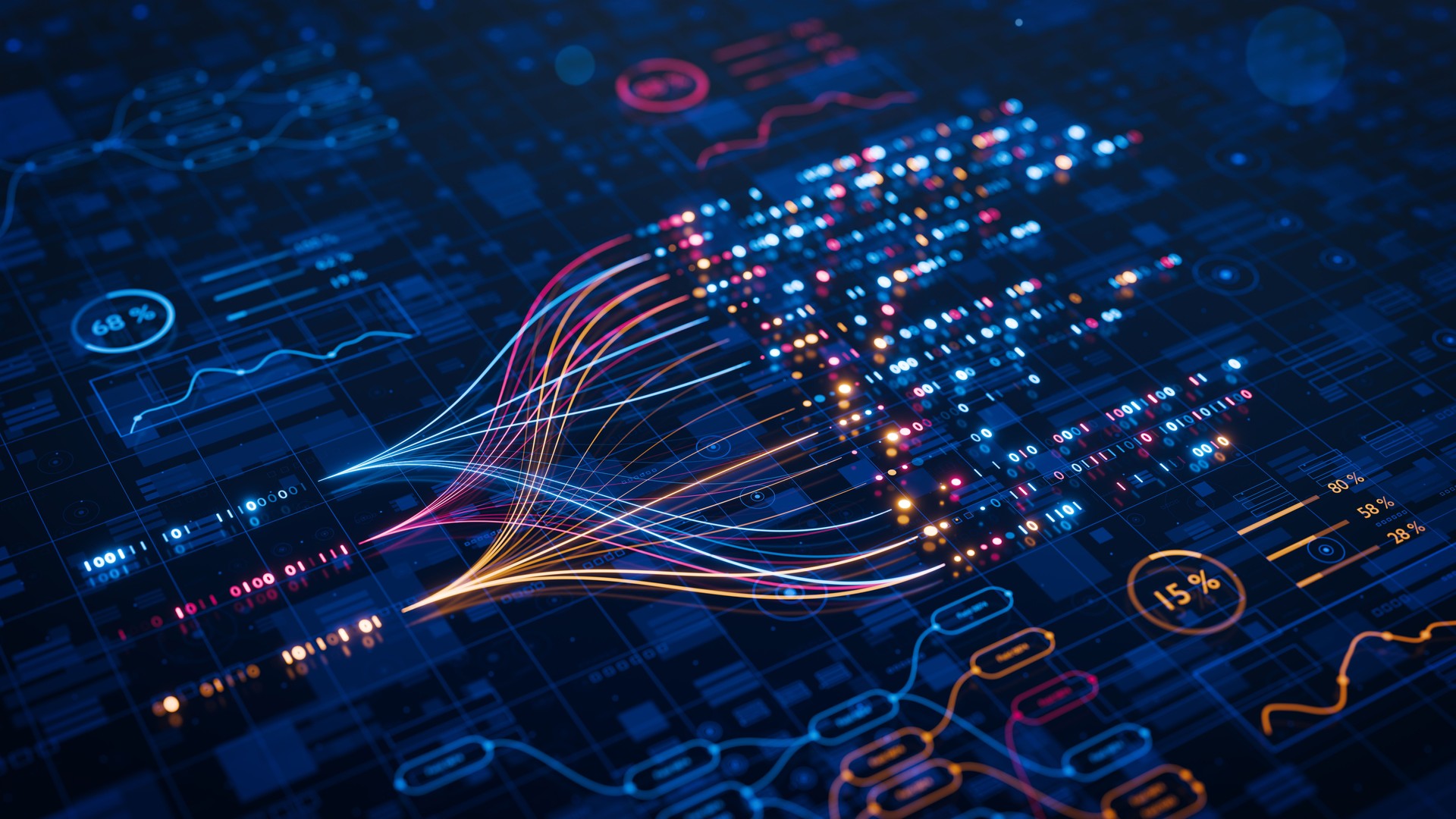 AI powers big data analysis and automation workflows, showcasing neural networks and data streams for business. Artificial intelligence, machine learning, digital transformation and tech innovation.