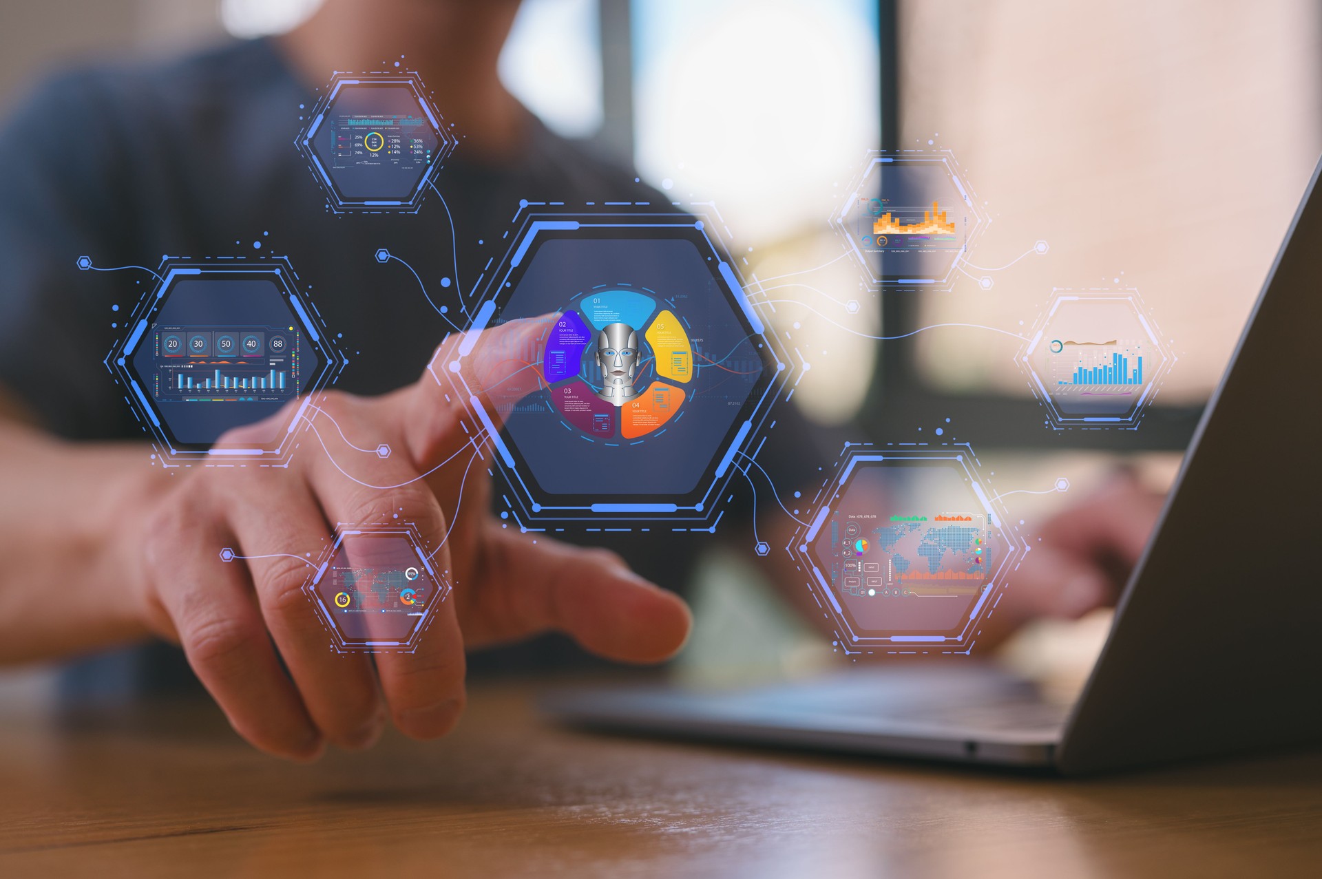 Businessman use computer laptop work with data chart DevOps engineer Digital transformation technology business processes and data, optimize and automate operations, customer service management